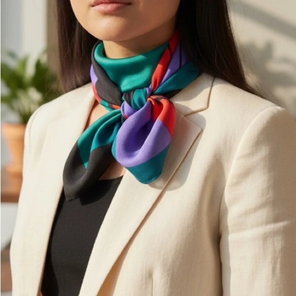 VTG 80s Vera Neumann Silk Scarf Headscarf Neckerchief Colorblock Bright 15x50”